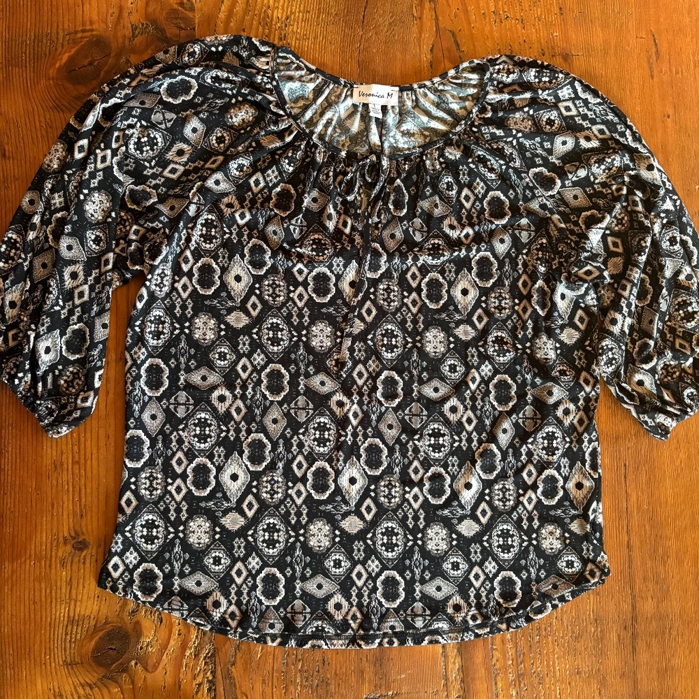 Veronica M Peasant Blouse in Black, Grey and Beige, Size Large, 3/4 Sleeve